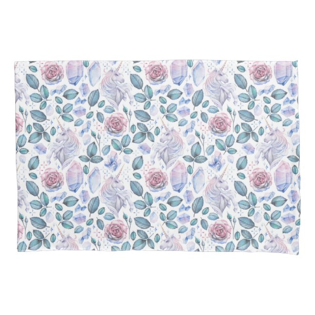 Watercolor Unicorn Crystals & Roses Pattern Pillowcase (Front-Left)