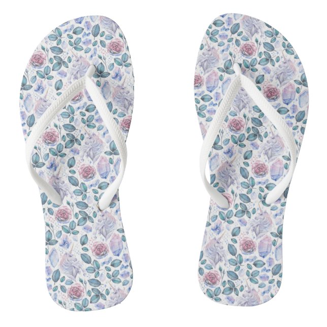 Watercolor Unicorn Crystals & Roses Pattern Thongs (Footbed)