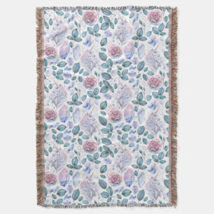 Watercolor Unicorn Crystals & Roses Pattern Throw Blanket
