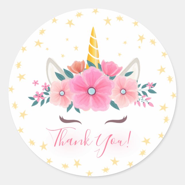 Watercolor Unicorn Face Floral Stars Thank You Classic Round Sticker (Front)