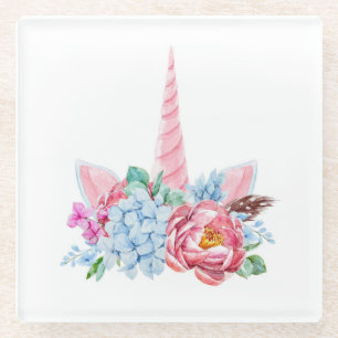 Watercolor Unicorn Floral Crown Glass Coaster
