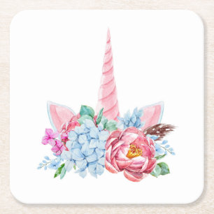 Watercolor Unicorn Floral Crown Square Paper Coaster
