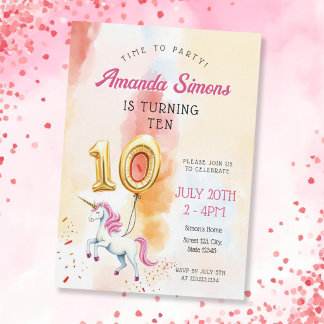 Watercolor Unicorn Gold Balloon Girl 10th Birthday Invitation