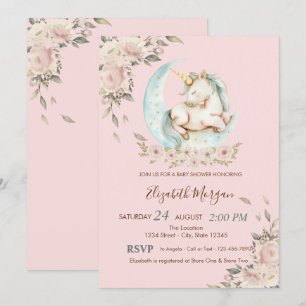 Watercolor Unicorn Moon Floral Baby Shower  Invitation