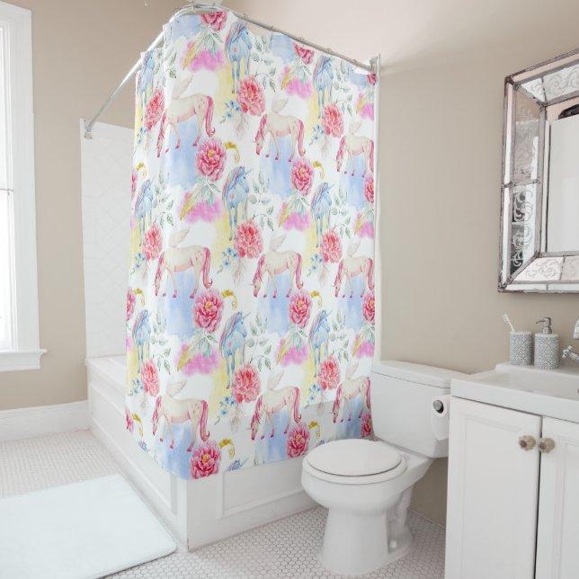 Watercolor Unicorn & Pegasus Pattern Shower Curtain (In Situ)