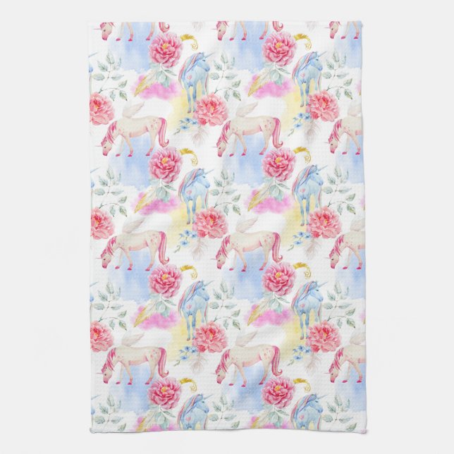 Watercolor Unicorn & Pegasus Pattern Tea Towel (Vertical)