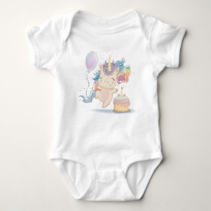 Watercolor unicorn with balloon and cake baby bodysuit
