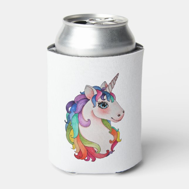Watercolor Unicorn With Rainbow Hair Can Cooler (Can Front)