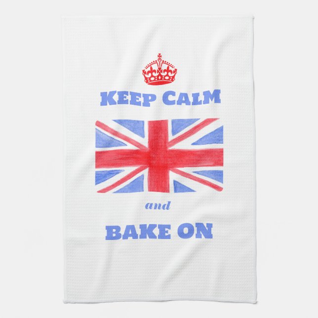 Watercolor Union Jack Keep Calm Bake On Tea Towel (Vertical)