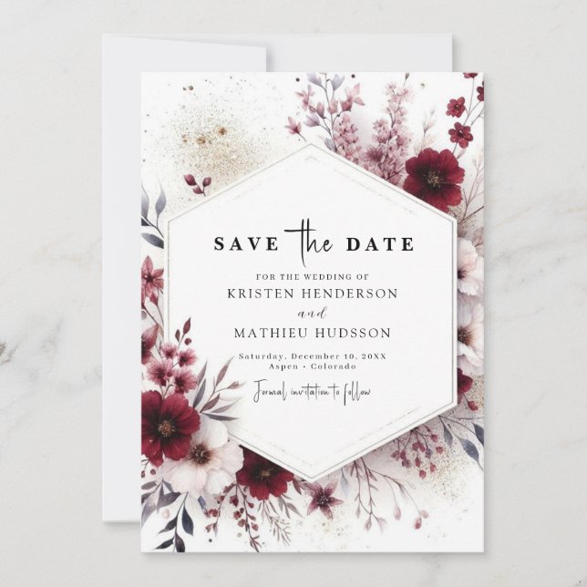 Watercolor Unique Burgundy Wedding  Save The Date (Front)