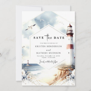 Watercolor Unique Waves Lighthouse Wedding Save The Date