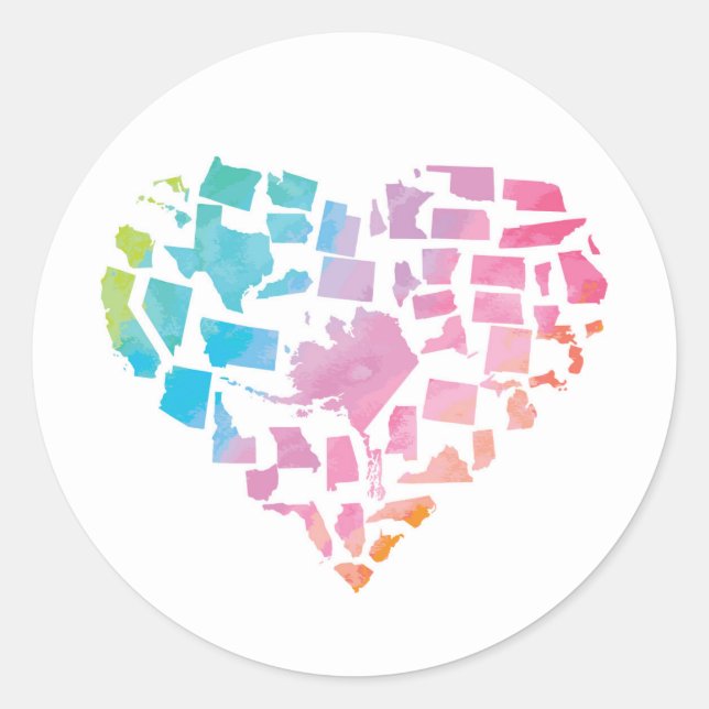 Watercolor United States Heart Classic Round Sticker (Front)