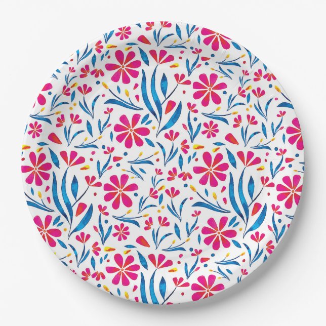 Watercolor Uplifting Floral Pattern Paper Plate (Front)