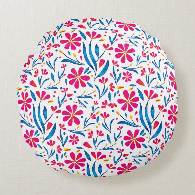 Watercolor Uplifting Floral Pattern Round Cushion (Front)