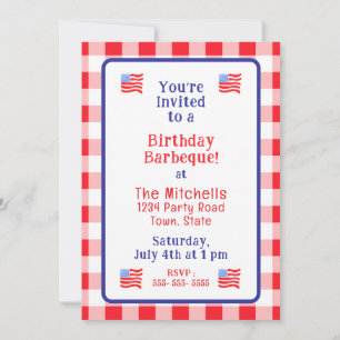 Watercolor USA Flag BIRTHDAY Red White Blue Check  Invitation