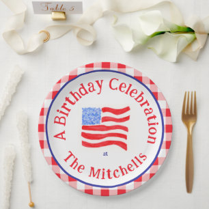Watercolor USA Flag BIRTHDAY Red White Blue Check Paper Plate