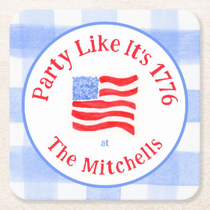 Watercolor USA Flag Party 1776 Red Wh Blue Check Square Paper Coaster