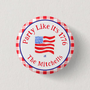 Watercolor USA Flag Party 1776 Wh Blue Red Check  3 Cm Round Badge