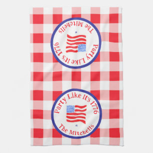 Watercolor USA Flag Party 1776 Wh Blue Red Check Tea Towel