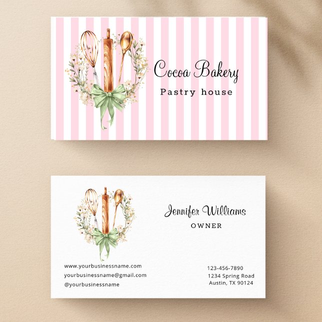 Watercolor Utensils Kitchen Bakery Business Card (Watercolor Pink Stripe and Floral Utensils cooking Business Card)