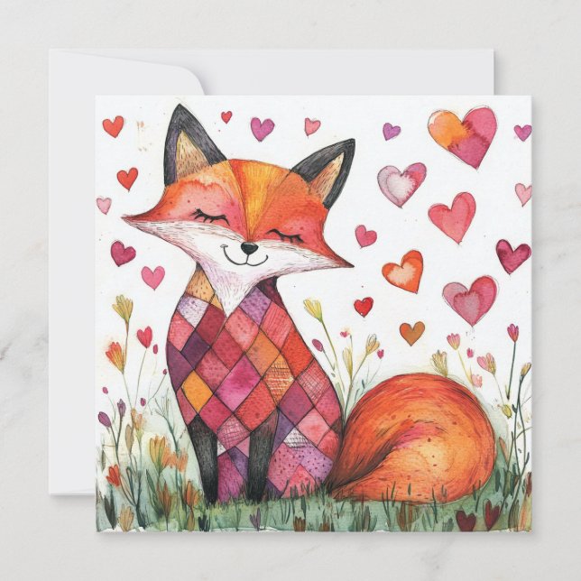 Watercolor Valentine Fox Card (Front)