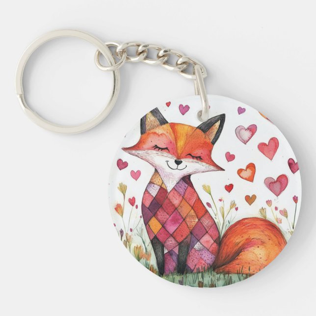 Watercolor Valentine Fox Card Key Ring (Front)
