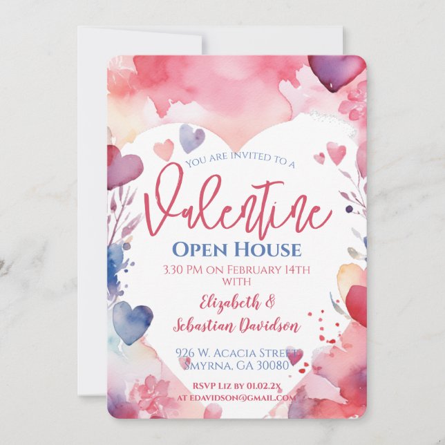 Watercolor Valentine Open House Party Invitation (Front)