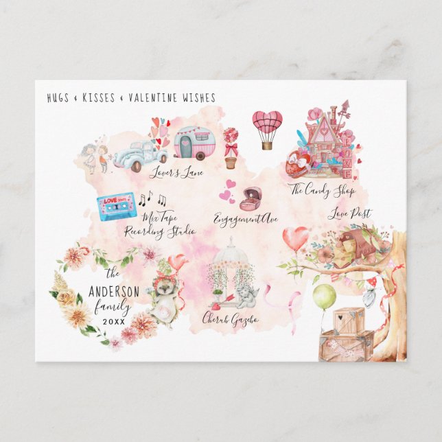 Watercolor Valentine Village Map | Illustrated Postcard (Front)