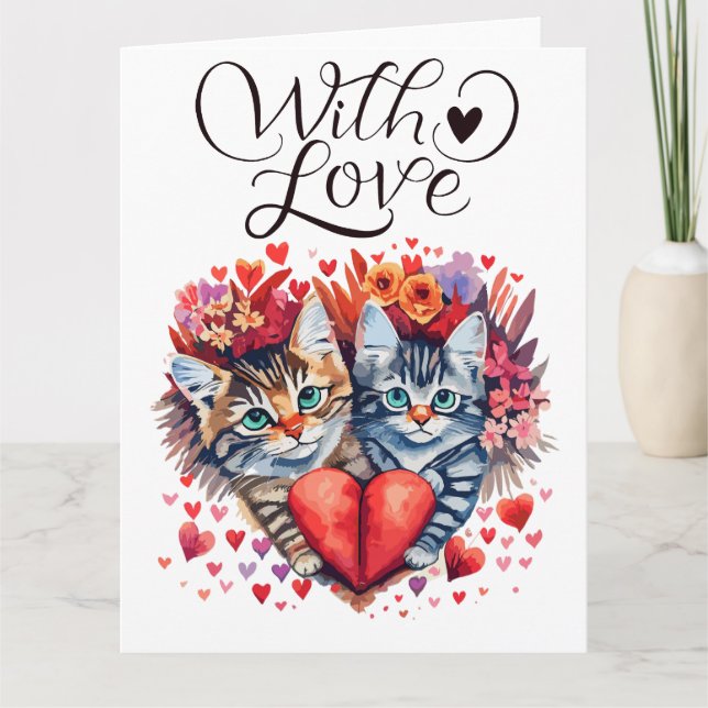 Watercolor Valentines cats with love Card (Front)