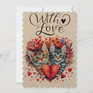 Watercolor Valentines cats with love Holiday Card