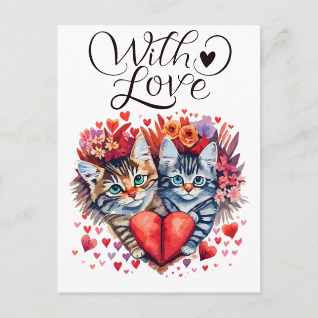 Watercolor Valentines cats with love Holiday Postcard (Front)