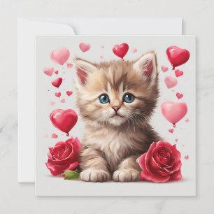 Watercolor Valentine's Day Kitten with Roses Holiday Card