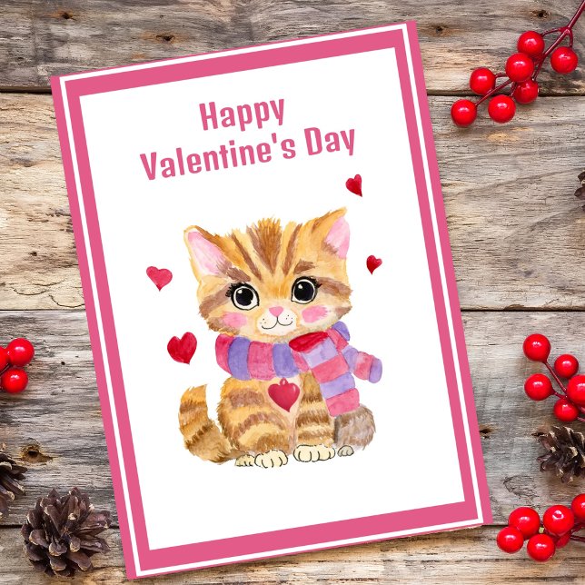 Watercolor Valentine's Day Kitty Holiday Card (Creator Uploaded)