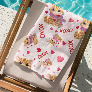 Watercolor Valentine's Day Kitty XOXO Pattern Beach Towel