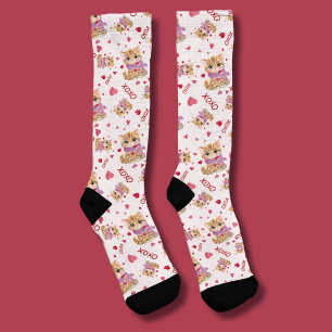 Watercolor Valentine's Day Kitty XOXO Pattern Socks