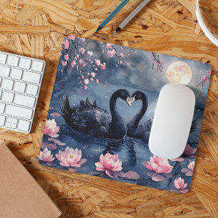 Watercolor Valentine's Day Moon Swan Couple Floral Mouse Pad