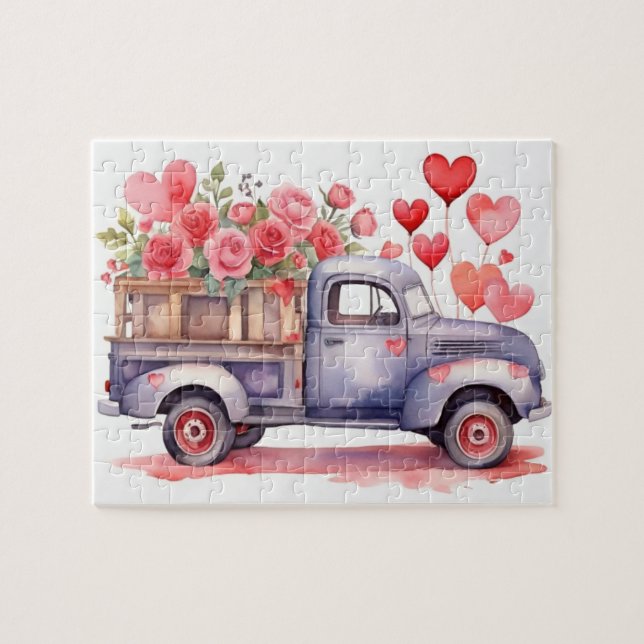 Watercolor Valentines Pickup Truck Puzzle (Horizontal)