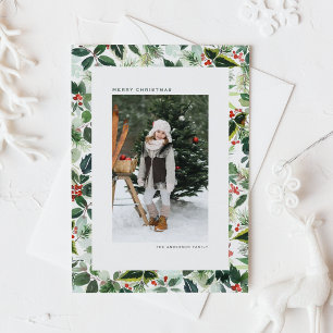 Watercolor Variegated Winterberry Photo Christmas Holiday Postcard