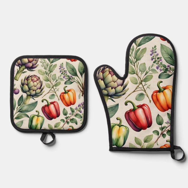 Watercolor Vegetable Garden Pattern Oven Mitt & Pot Holder Set (Front)