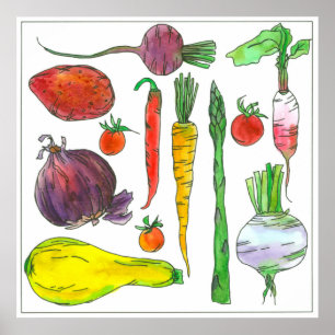 Watercolor Vegetables Carrots Beets Asparagus Poster