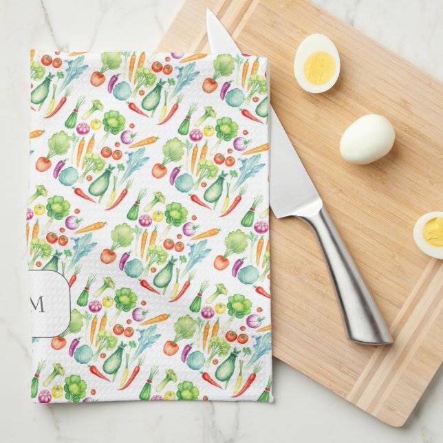 Watercolor vegetables pattern monogrammed tea towel (Quarter Fold)
