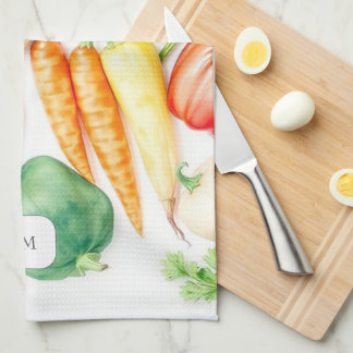 Watercolor vegetables pattern monogrammed tea towel