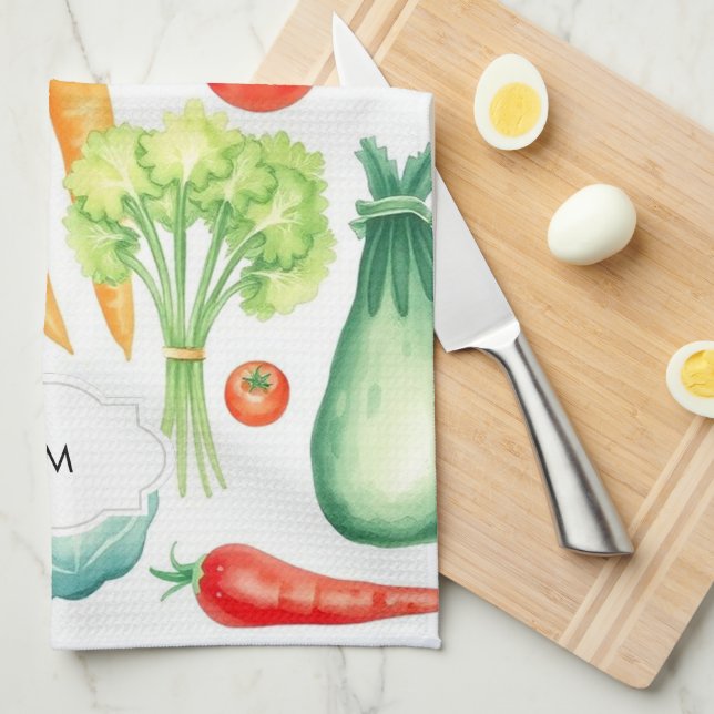 Watercolor vegetables pattern monogrammed tea towel (Quarter Fold)