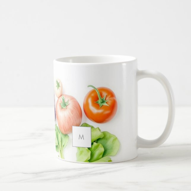 Watercolor vegetables veggie pattern monogrammed coffee mug (Right)