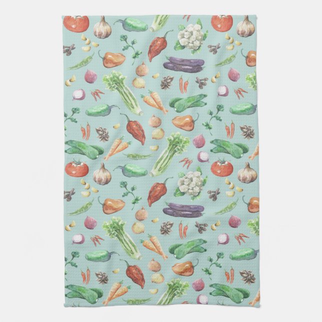 Watercolor Veggies & Spices Pattern Tea Towel (Vertical)