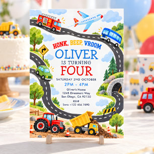 Watercolor Vehicles Transportation Birthday Party Invitation