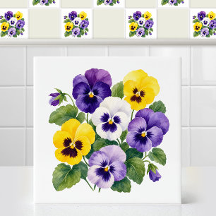 Watercolor Velvety Purple Yellow Pansy Floral Art Ceramic Tile