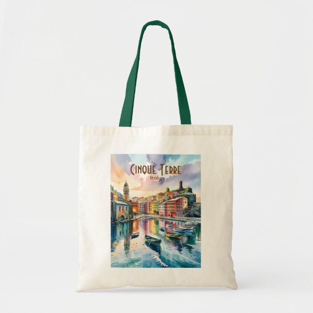 Watercolor Vernazza Cinque Terre Italy Colorful Tote Bag (Front)