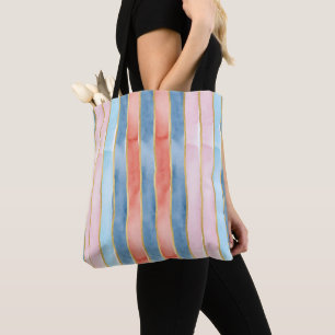 Watercolor Vertical Stripe Shades Blue Pink Coral Tote Bag