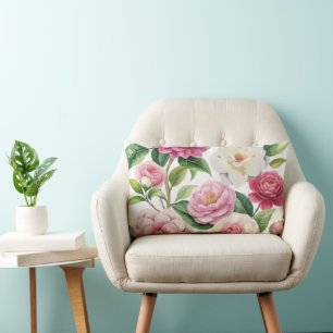 Watercolor Vibrant Camellia Lumbar Cushion